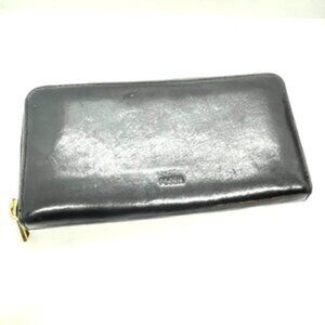 FOSSIL LEATHER WALLET BLACK LONG LARGE GOLD ZIPPER ACCORDION FILE ORGANIZER